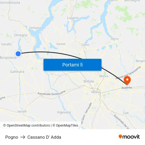 Pogno to Cassano D' Adda map