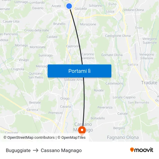 Buguggiate to Cassano Magnago map
