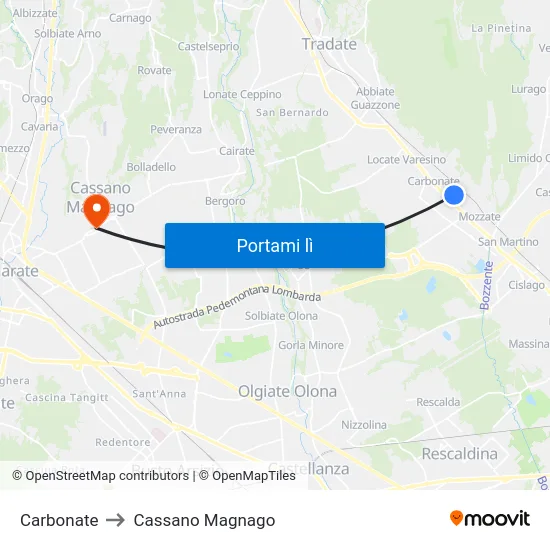 Carbonate to Cassano Magnago map