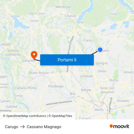 Carugo to Cassano Magnago map