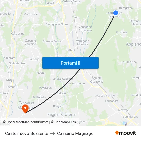 Castelnuovo Bozzente to Cassano Magnago map