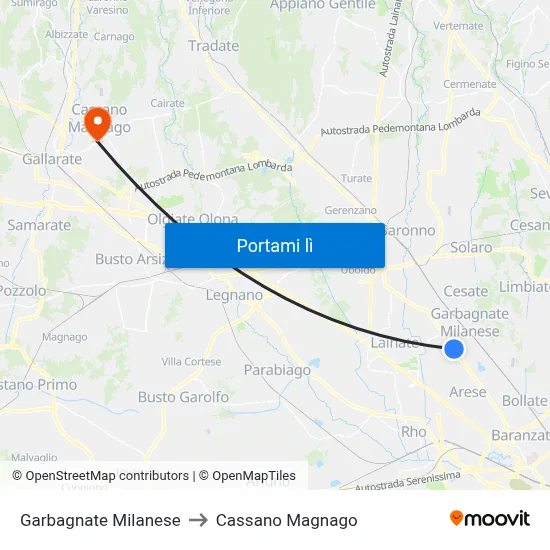 Garbagnate Milanese to Cassano Magnago map