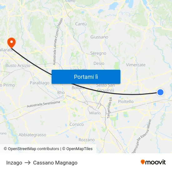 Inzago to Cassano Magnago map