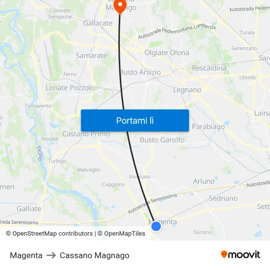 Magenta to Cassano Magnago map