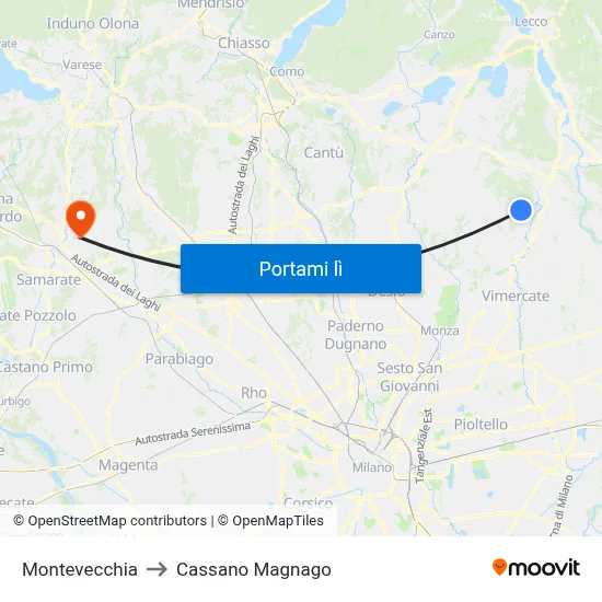 Montevecchia to Cassano Magnago map