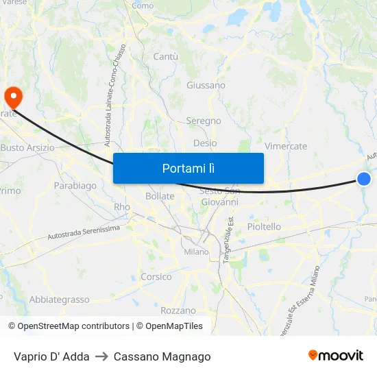 Vaprio D' Adda to Cassano Magnago map