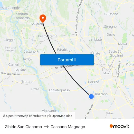 Zibido San Giacomo to Cassano Magnago map