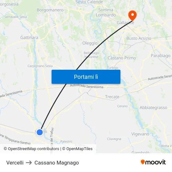 Vercelli to Cassano Magnago map