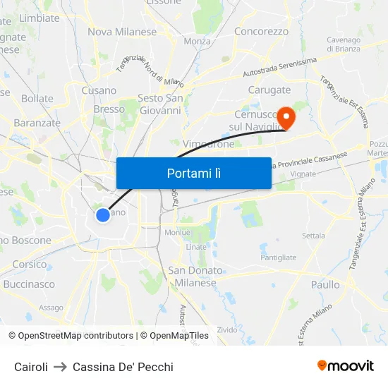 Cairoli to Cassina De' Pecchi map