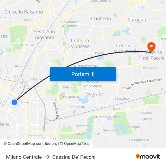 Milano Centrale to Cassina De' Pecchi map
