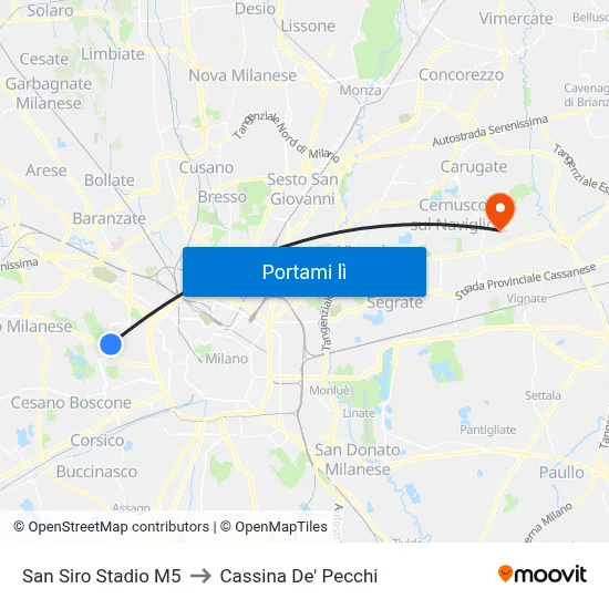 San Siro Stadio M5 to Cassina De' Pecchi map