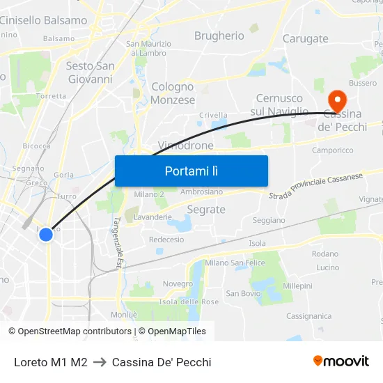Loreto M1 M2 to Cassina De' Pecchi map