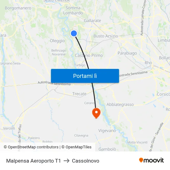 Malpensa Aeroporto T1 to Cassolnovo map