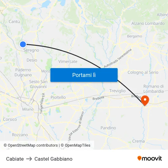 Cabiate to Castel Gabbiano map
