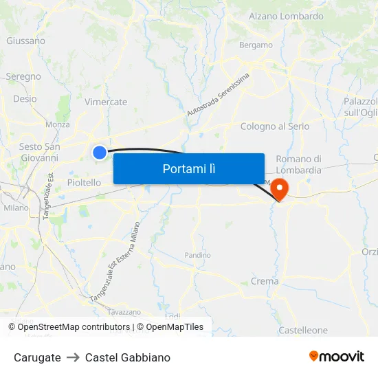 Carugate to Castel Gabbiano map