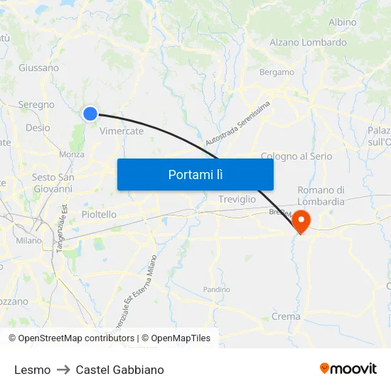 Lesmo to Castel Gabbiano map