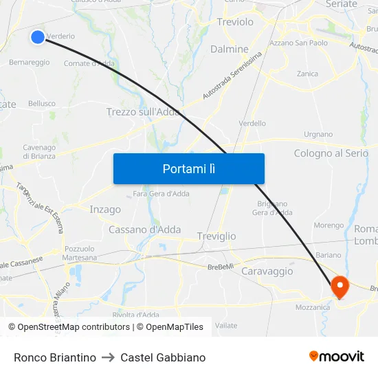 Ronco Briantino to Castel Gabbiano map