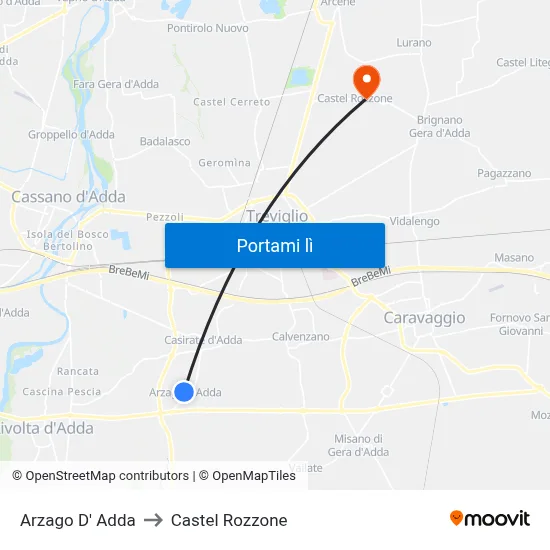 Arzago D' Adda to Castel Rozzone map