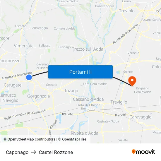 Caponago to Castel Rozzone map