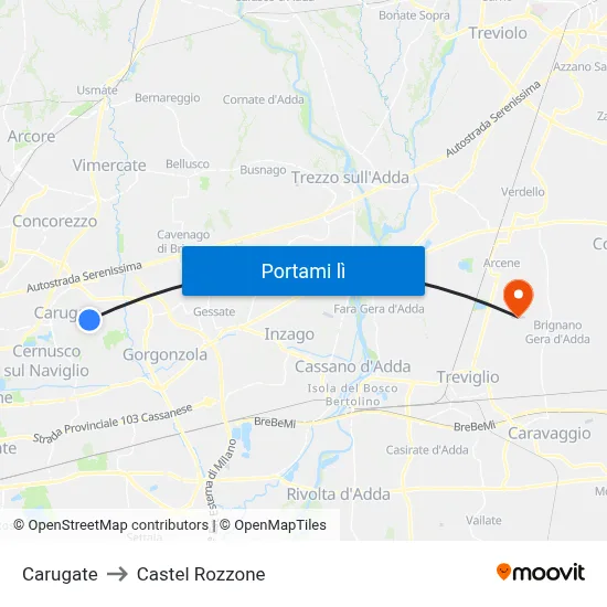Carugate to Castel Rozzone map