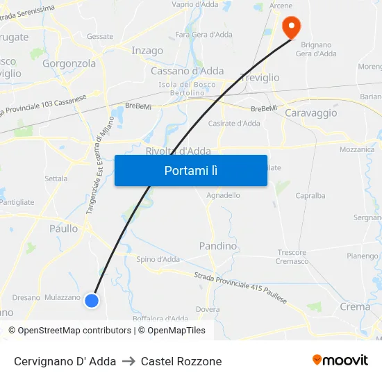 Cervignano D' Adda to Castel Rozzone map