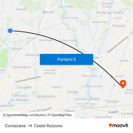 Correzzana to Castel Rozzone map