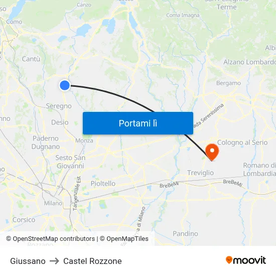 Giussano to Castel Rozzone map