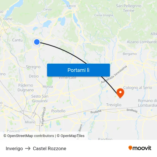Inverigo to Castel Rozzone map
