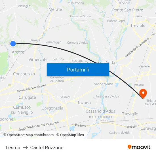 Lesmo to Castel Rozzone map