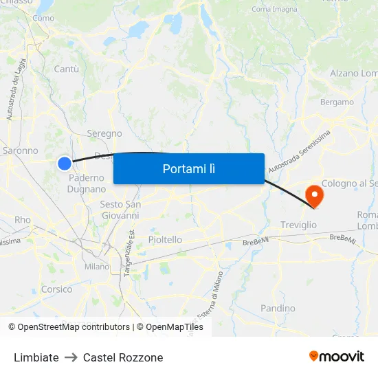 Limbiate to Castel Rozzone map