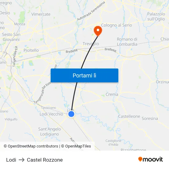 Lodi to Castel Rozzone map