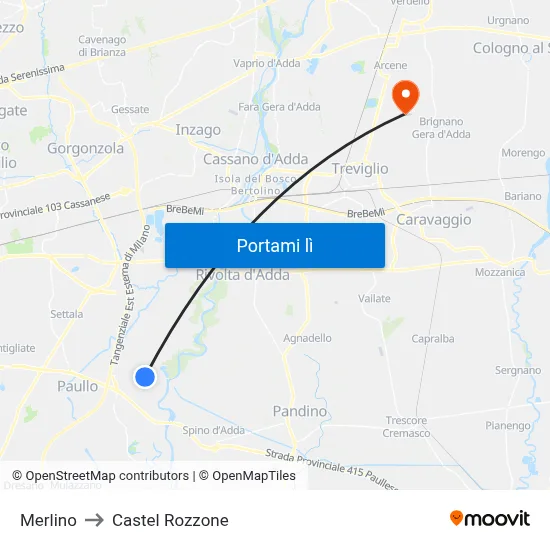 Merlino to Castel Rozzone map