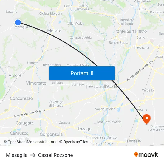 Missaglia to Castel Rozzone map