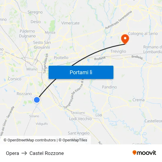 Opera to Castel Rozzone map