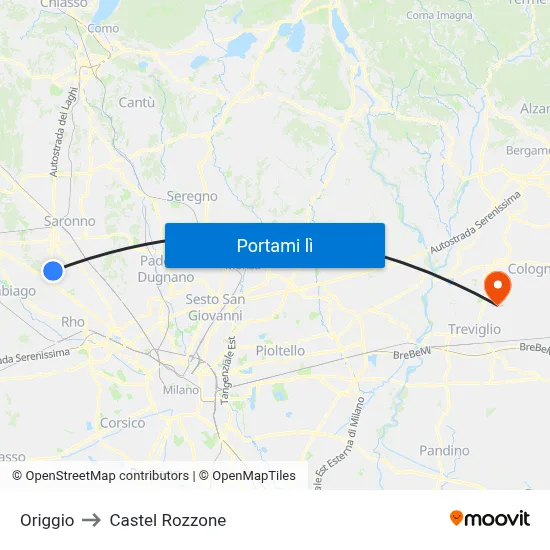 Origgio to Castel Rozzone map