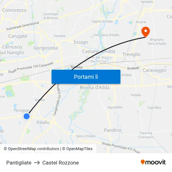 Pantigliate to Castel Rozzone map