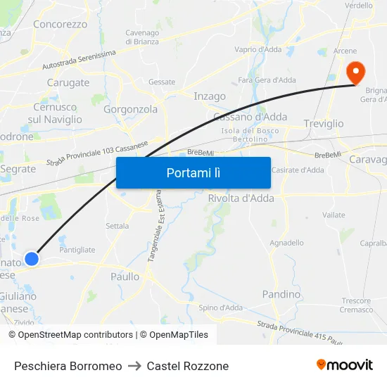Peschiera Borromeo to Castel Rozzone map