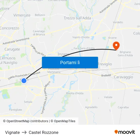Vignate to Castel Rozzone map