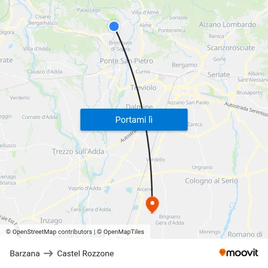 Barzana to Castel Rozzone map