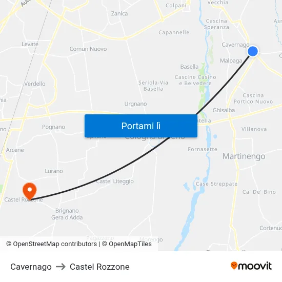 Cavernago to Castel Rozzone map