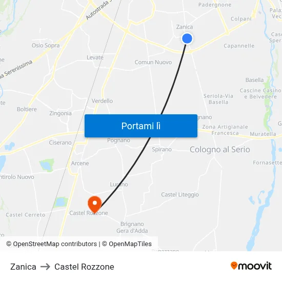 Zanica to Castel Rozzone map