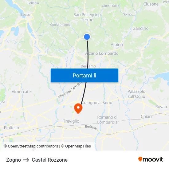 Zogno to Castel Rozzone map