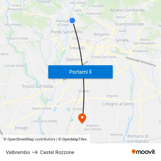 Valbrembo to Castel Rozzone map
