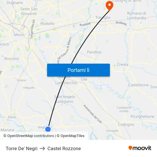 Torre De' Negri to Castel Rozzone map
