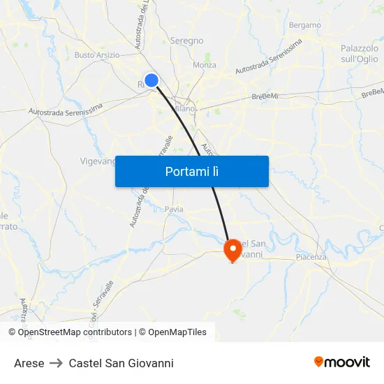 Arese to Castel San Giovanni map