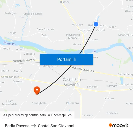 Badia Pavese to Castel San Giovanni map