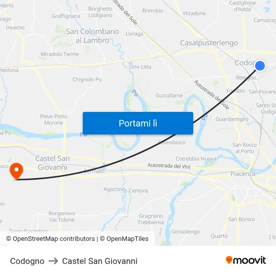 Codogno to Castel San Giovanni map