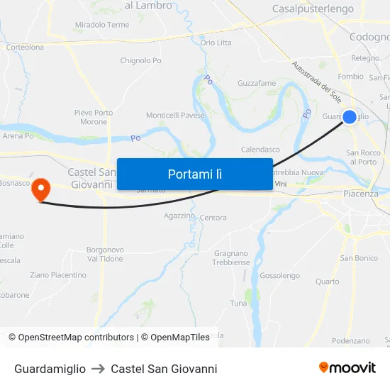 Guardamiglio to Castel San Giovanni map