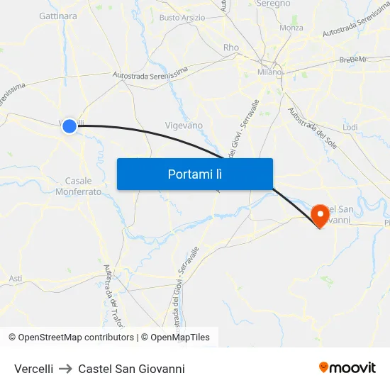 Vercelli to Castel San Giovanni map