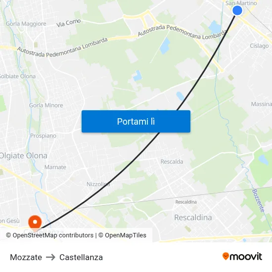 Mozzate to Castellanza map